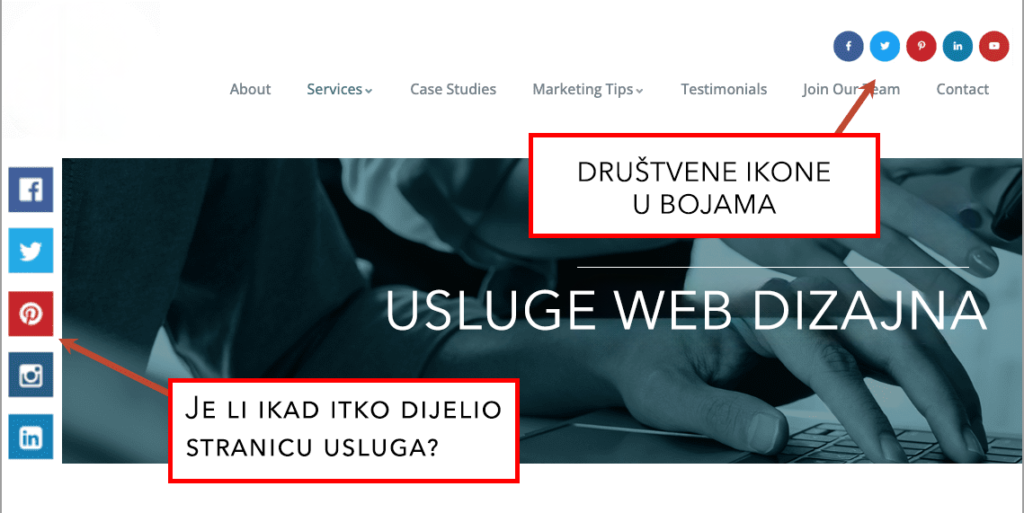 Dizajn web stranice sa svijetlim ikonama društvenih medija u zaglavlju.